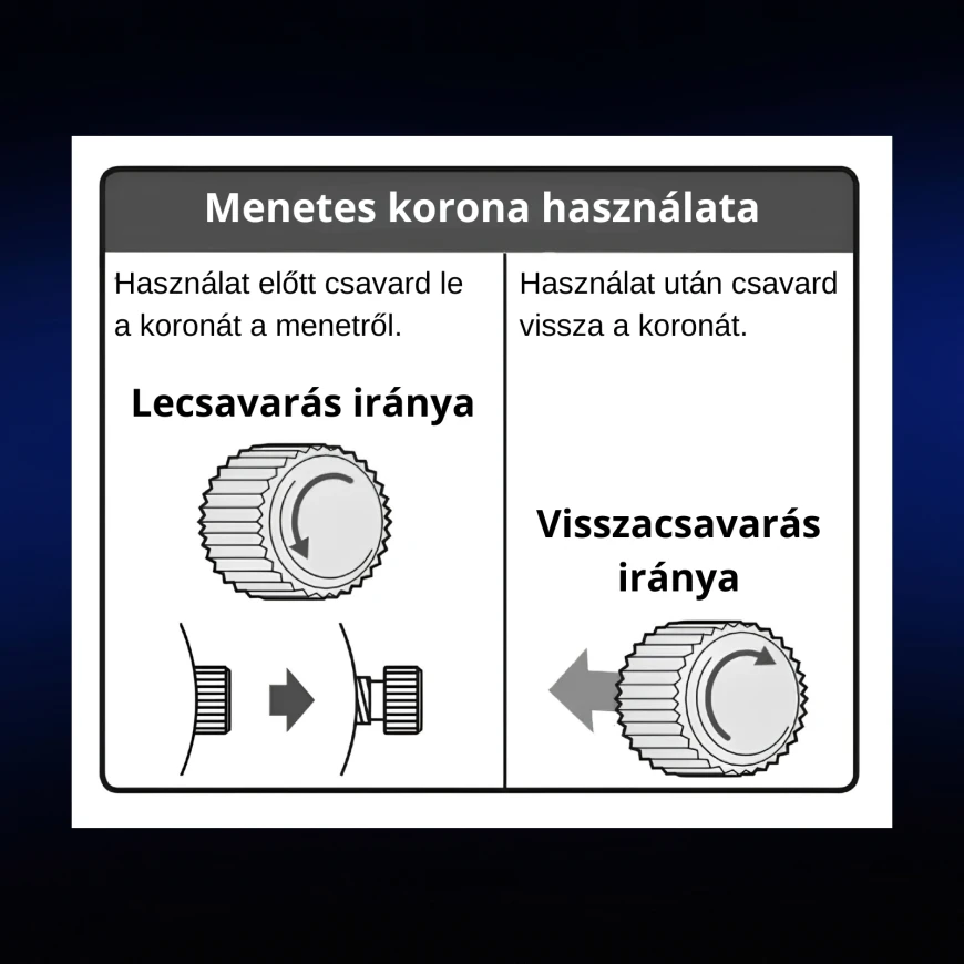 A menetes korona kezelésénél kiemelten fontos, hogy a korona környéke tiszta legyen, a korona rögzítésekor merőlegesen csavarjuk vissza, és semmiképp se erőltessük.